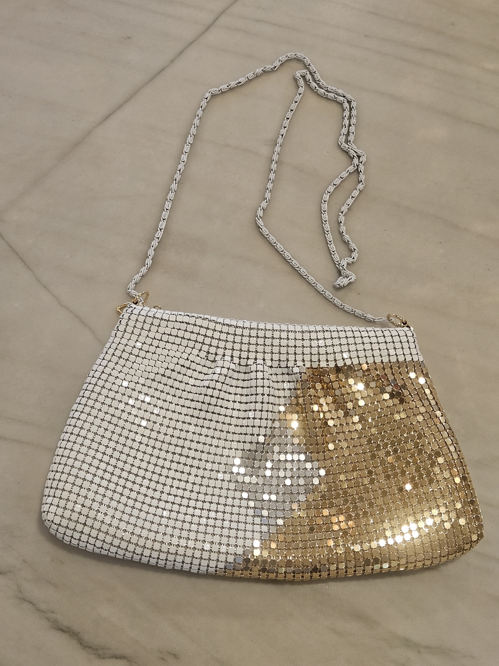 Vintage 1980s Metal Mesh Evening Bag | Two-Tone White & Gold Chainmail Shoulder